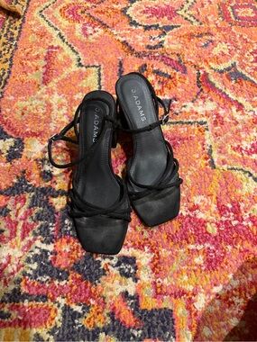 Adams Black Strappy Square-Toe Heeled Sandals with Ankle Buckle